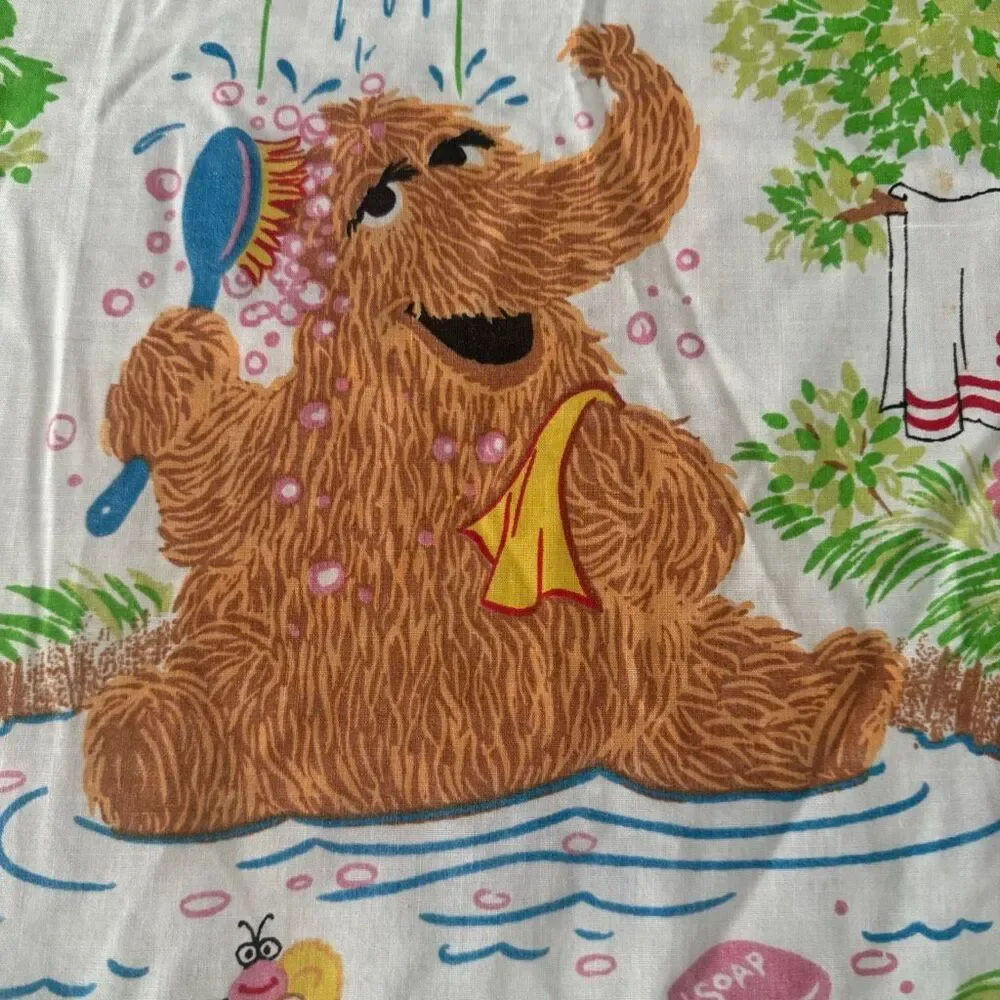 Vtg 80s Sesame Street Twin Flat Sheet Camping Theme Big Bird Cookie Monster